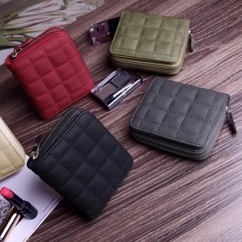 Korean Flodable Short Wallets Coin Card Holder Women‘s PU Leather Plaid Zipper Coin Money Purses ID Credit Card Holder Wallet