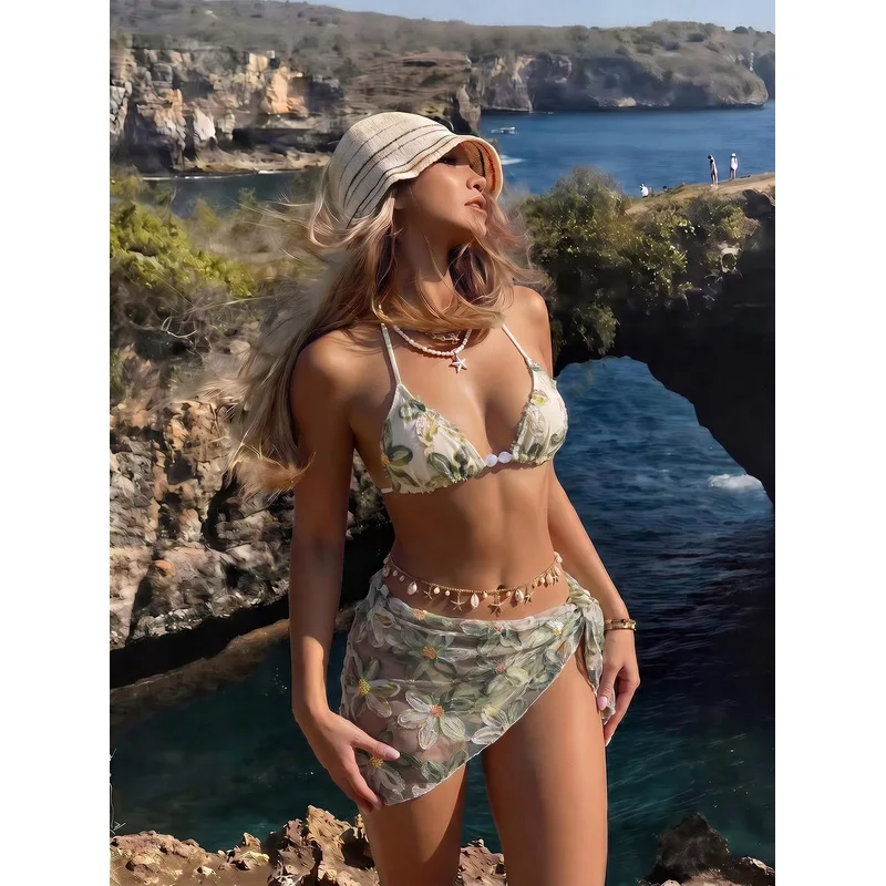 Women Three Piece Mesh Split Swimwear Beach Bikini Set Stylish Summer Bathing Suit For Vacation Pool Party