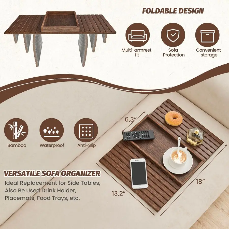 

Bamboo Sofa Arm Tray, Foldable Couch Arm Tray Side Table, AntiFalling Armrest Tables Cup Holder for Snacks, Drinks, Beers, Phone