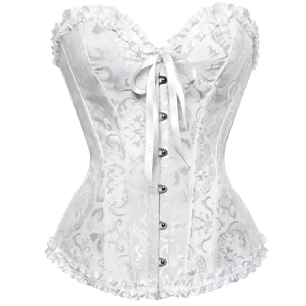 Lingerie Women Overbust Corset Korset Basques Floral Lace Top Bustier Jacquard Lingerie Corselet Halloween Carnival Party