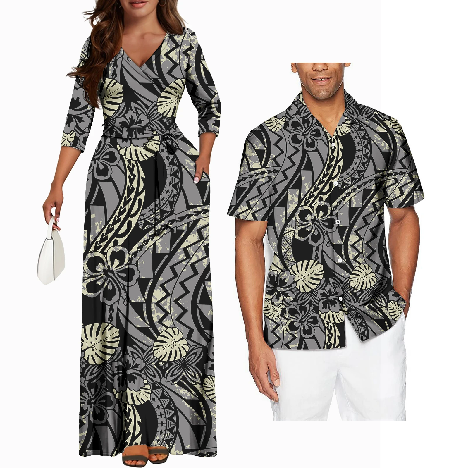 Polynesische Tribale Plumeria Paar Bijpassende Outfits Zomer Paar Outfit Set Casual Vrouwen Jurken Bijpassende Mannen Shirt