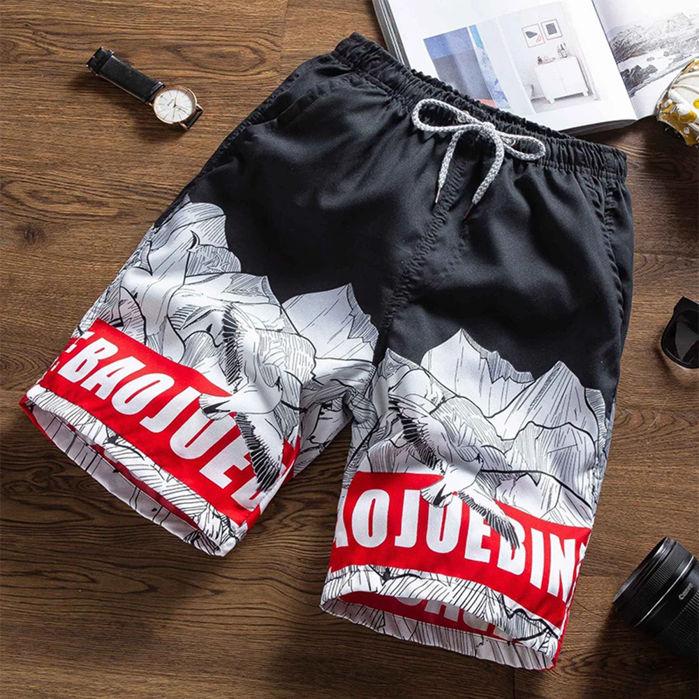Men Beach Shorts Quick-dry Words Printing Pattern Loose Casual Oversize Boxer Shorts