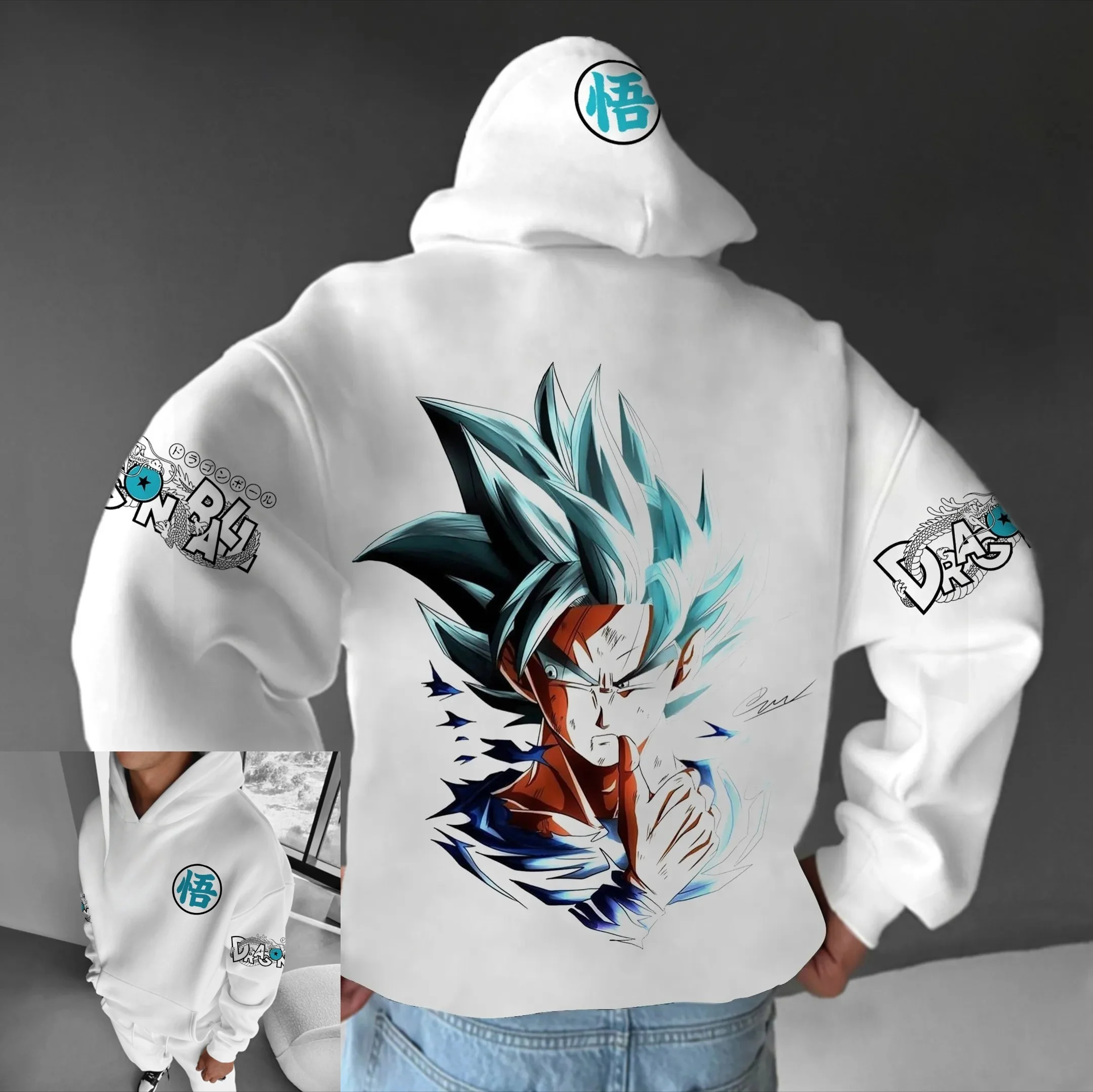 2026 Neuer Dragon Ball Goku Anime-Print Hoodie für Herren, Oversized Casual Oberteil, Weich und Warm, Ink & Blue Style, Paar-Kleidung für Damen und Herren
