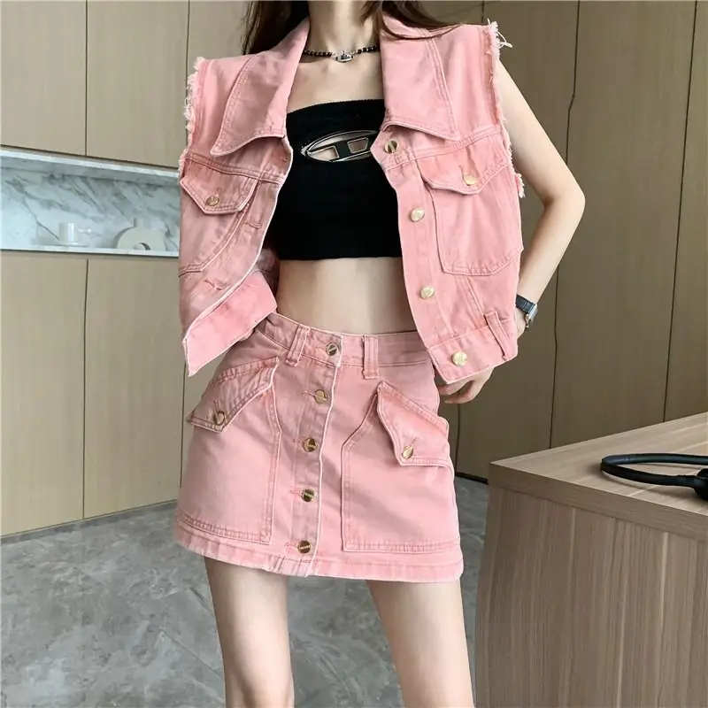 

Retro Pink Denim Workwear Set Women's Summer Svel Vest ort Coat High Waist Bodycon ort Skirt Two-piece Set