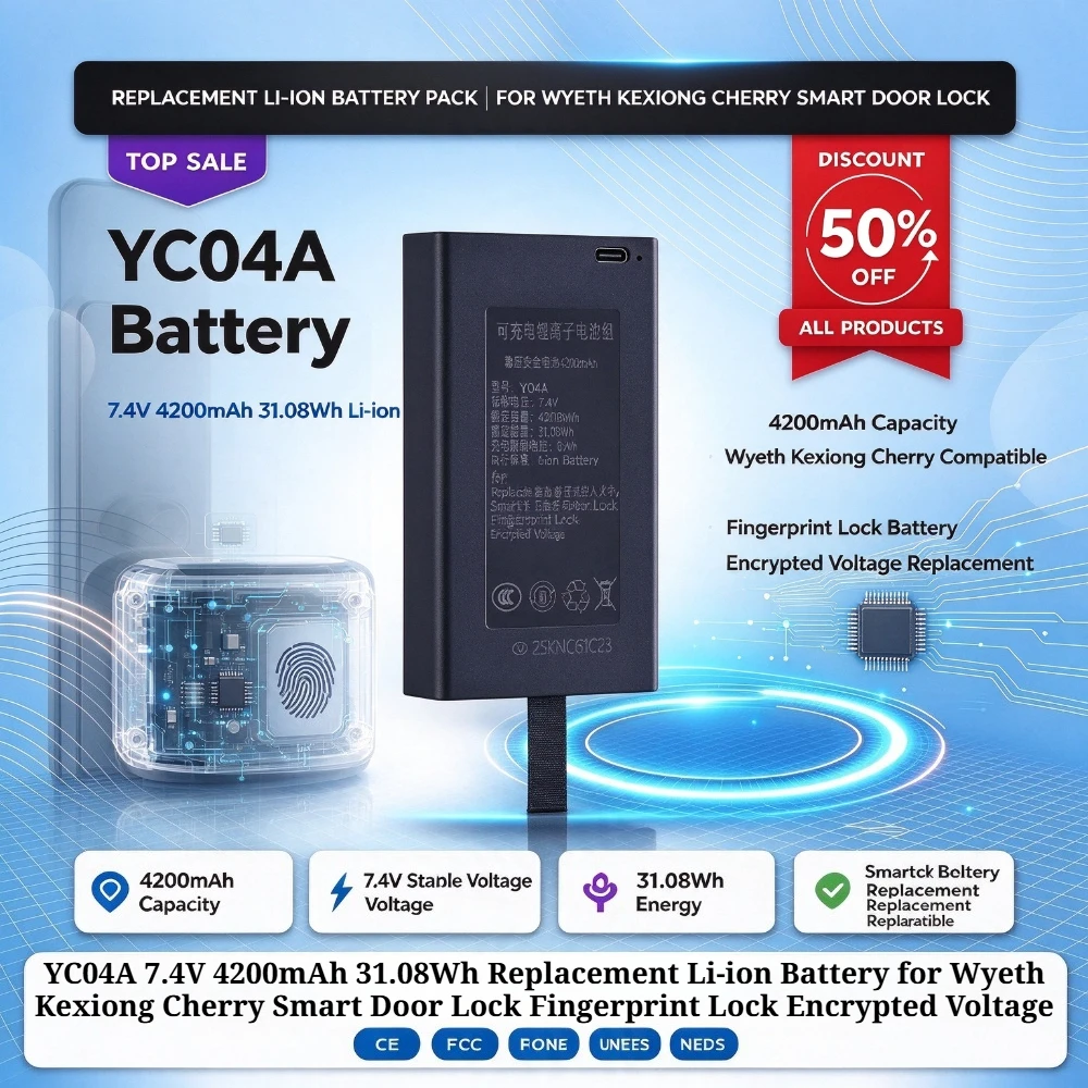 YC04A 7.4V 4200mAh 31.08Wh Replacement Li-ion Battery for Wyeth Kexiong Smart Door Lock Fingerprint Lock Encrypted Voltage
