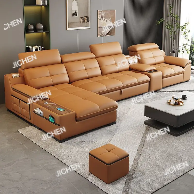 

Storage small apartment leather sofa combination Italian modern living room straight row telescopic electric