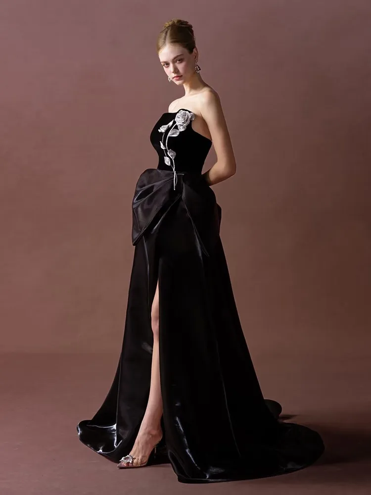 

Black strapless light luxury niche banquet host grand art examination coming-of-age dress