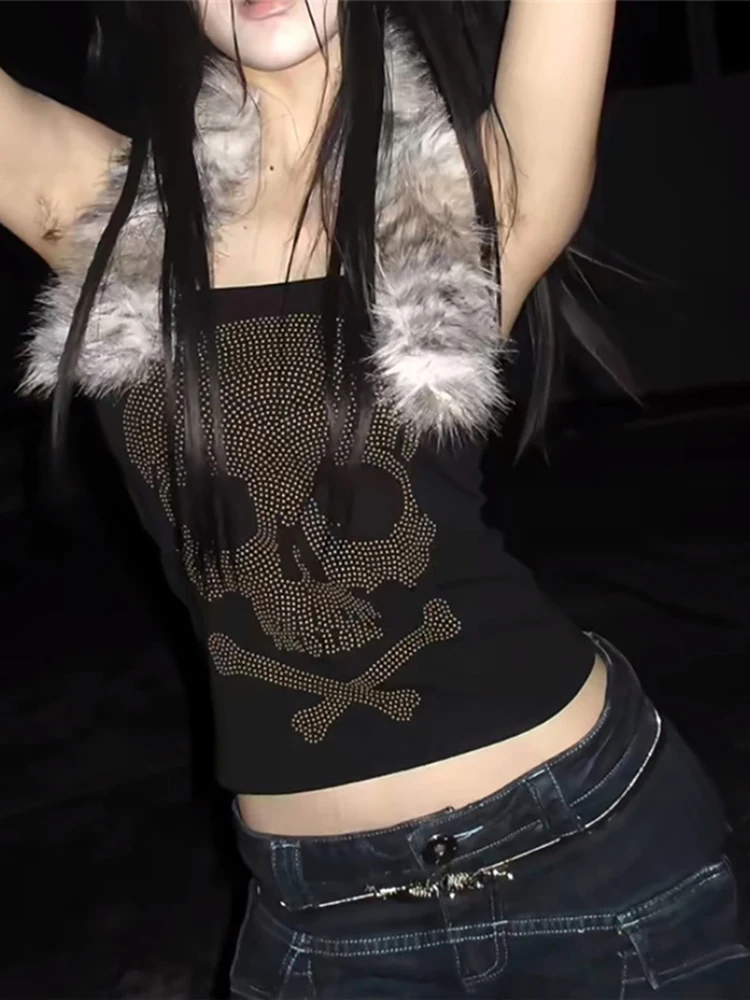 

Weird Puss Furry Patchwork Halter Tank Top Women Rhinestone Skull Print Hottie Punk Sexy Wild Halloween Stretch Slim Clubwear