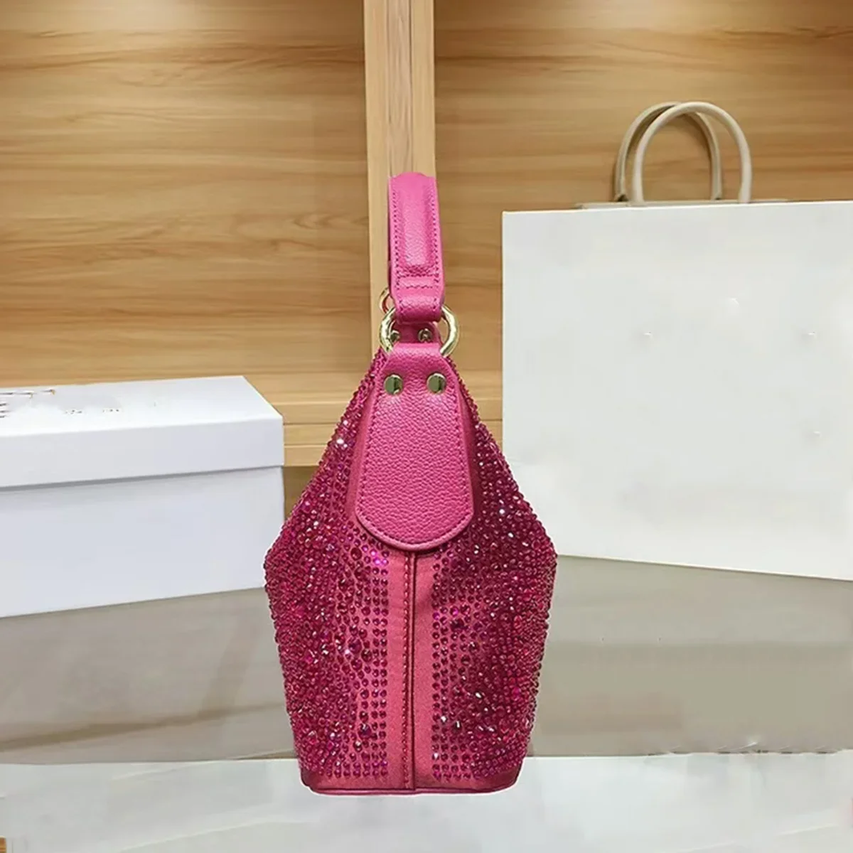 Women's luxury designer crescent shaped banquet bag, rhinestone triangular opening shoulder bag, party wedding crossbody bag