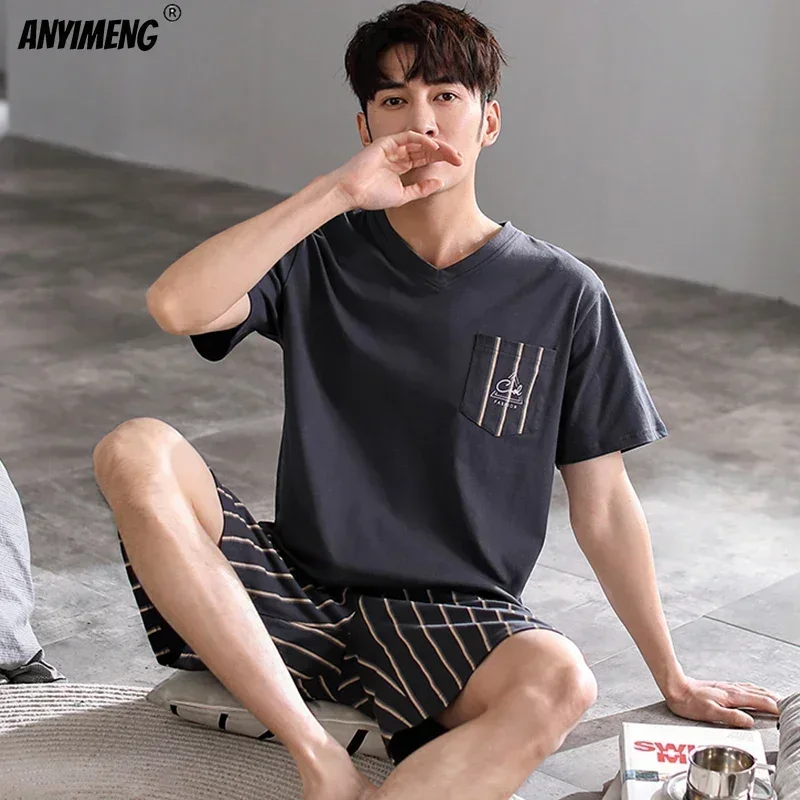 Size Lớn Bộ Đồ Ngủ Bộ Cho Nam Mùa Hè Quần Short 2 Bộ Đồ Ngủ Quần Short Tay Plus Kích Thước 3xl 4xl Loungewear Bông Váy Ngủ mới