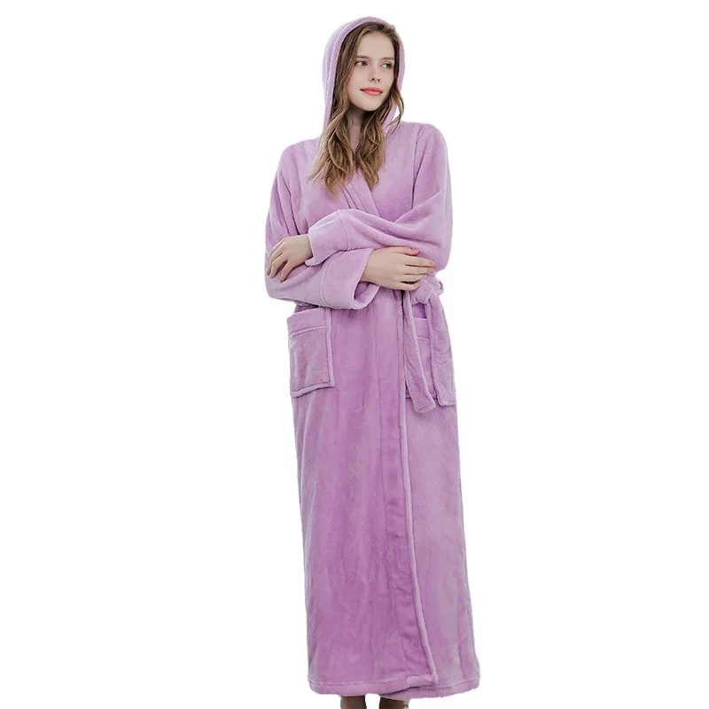 Women\'s Hooded Nightgown Thickened Long Hotel Yukata Warm Sleepwear Autumn and Winter Coral Fleece Bathrobe