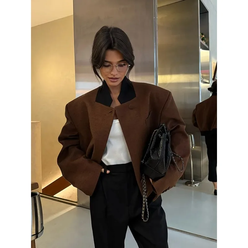 Women Vintage Lapel Neck Jackets Temperament Full Sleeve Pockets Short Jacket 2025 Autumn Lady Chic Daily Commute Outerwear