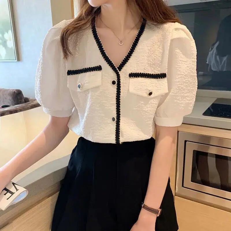 Women's Clothing Lace Spliced V-Neck Shirts French Style Short Sleeve Summer New Basic Solid Color Elegant Stylish Button Blouse