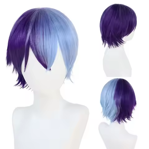 Short Mixed Blue Wigs for Women Synthetic Cosplay Wig with Bangs Straight Hairstyles Anime Costume Party Halloween Cosplay Wig