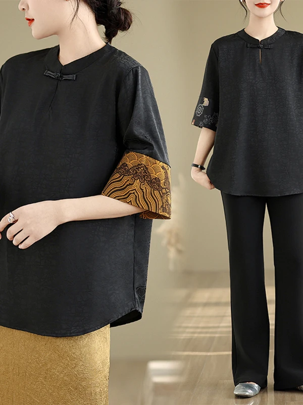 

New Chinese Sle Women's irt Summer Top Buttoned Cloud Pattern Faionable Mom High-End Feeling Loose Fit Commute irt