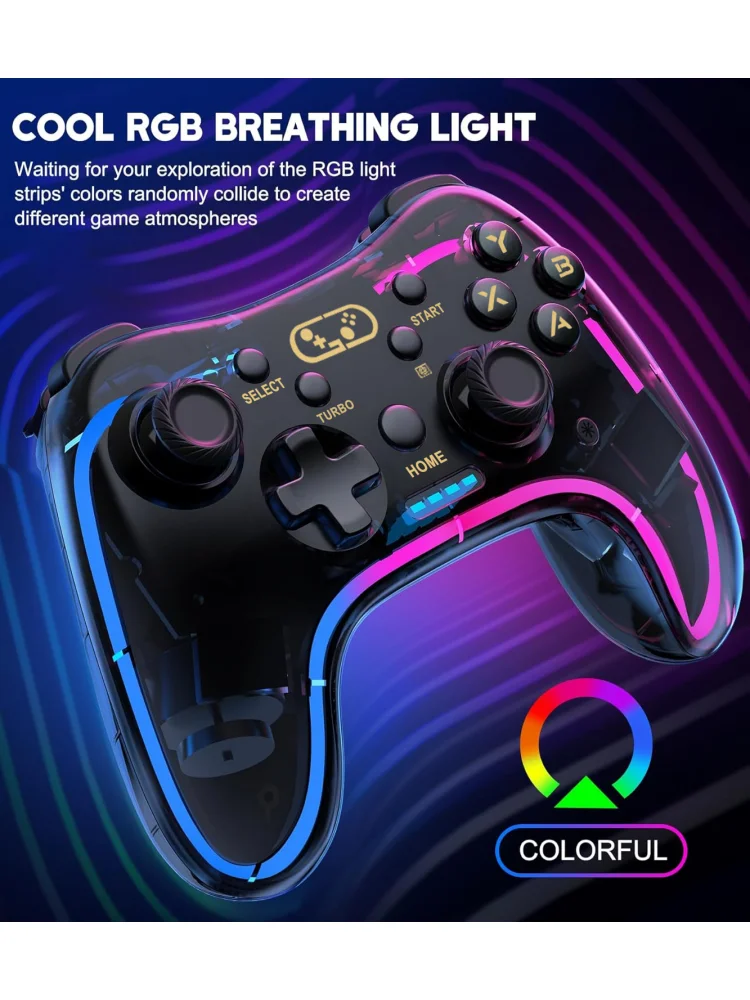 

Transparent Colored Light Gaming Controller Adjustable Dual Motor Vibration Six-Axis Gyroscope Sensor Single-Key Combo