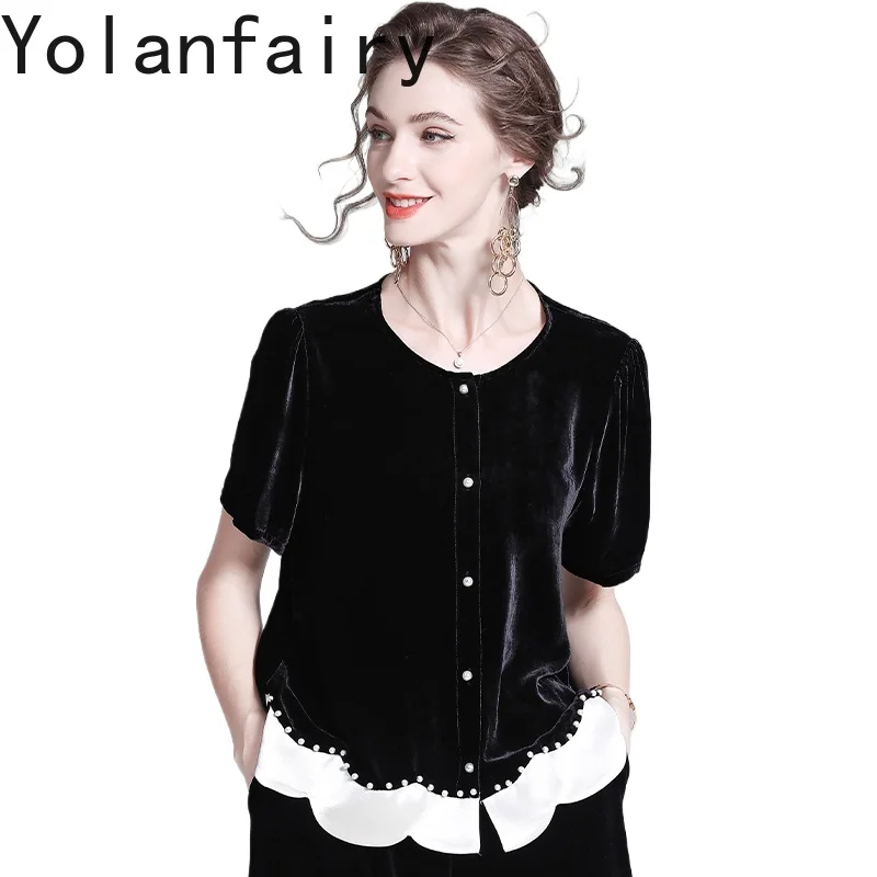 YOLANFAIRY Camicie in velluto di seta di gelso reale autunno per le donne T-shirt elegante patchwork di fascia alta Manica corta Camicie nere Donna