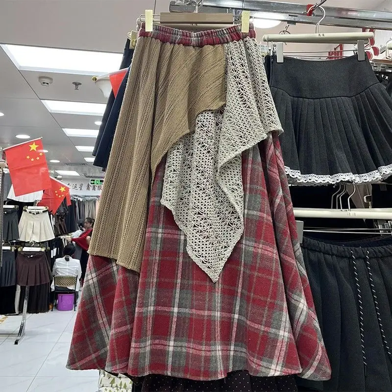 

Japanese Contrast Color Plaid Ruched Patchwork Skirts Vintage Women Mid Length Mori Girl Style High Waist A-line Y2k Cake Skirt