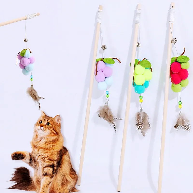 

Cat Toys Feather Stick Cats Toy Interactive Colorful Tassel Sticks Toys for Cats Teasing Solid Wood Handle Cat Toy with Bell