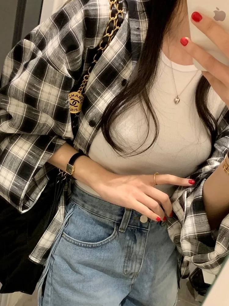 

Spring Autumn Winter Plaid Long Sleeve Loose Fit Turn-down Collar Single Button Women's Shirt Jacket Casual Versatile Outerwear