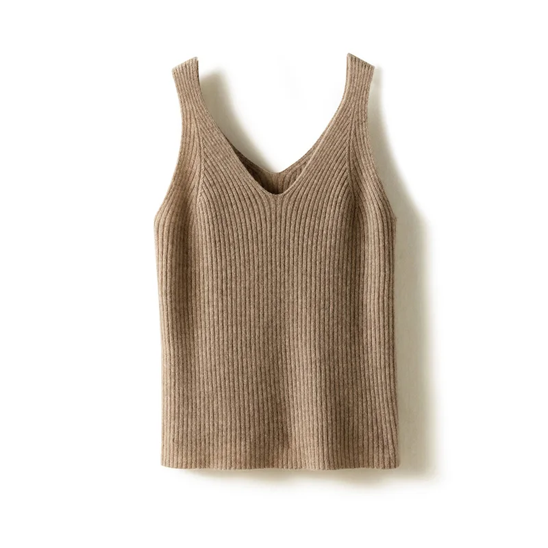 New Women Sexy 100% Cashmere High Elasticity Vest Crop Fashion Tops V-Neck Tank Soft Warm Ladies Knit Camisole Bottoming