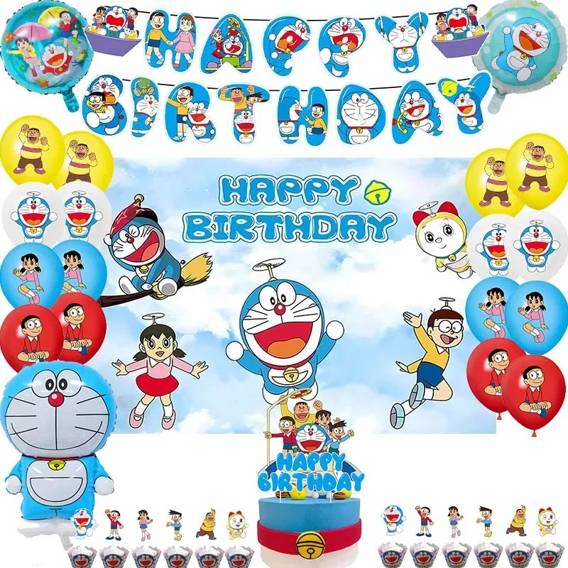 Magic Cat Theme Birthday Party Decoration Balloon Backdrop Cake Topper Doraemon Birthday Party Supplies Baby Shower