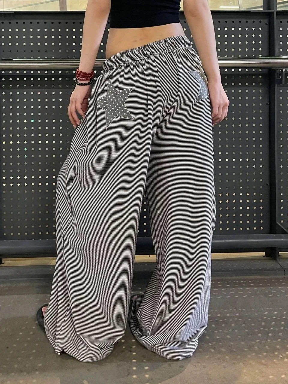 

American style spicy girl star embroidered striped wide leg casual pants autumn/winter couples loose jazz dance Floor pants Y2K