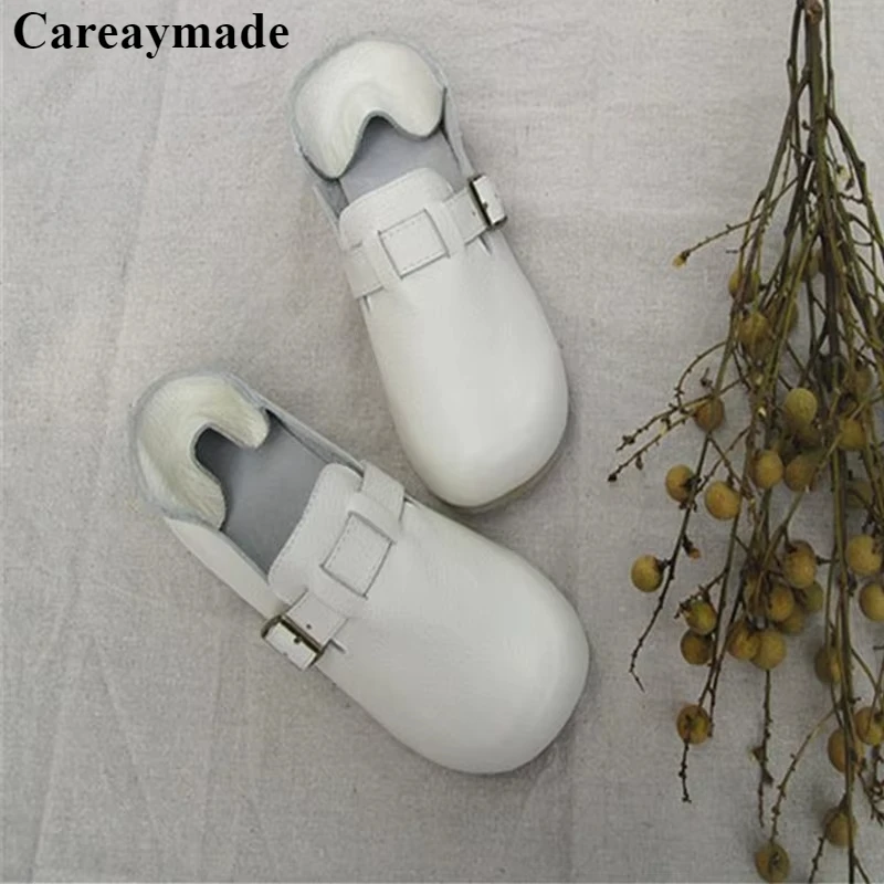 Careaymade-Handmade 100% Cow leather women's single shoes, round head Barefoot shoes,wider toe buckle women flat zapatillas