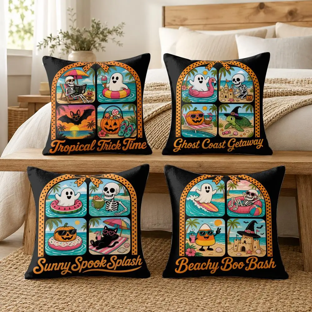Sunny Spooky Summerween Cushion Cover Soft Short Plush Pillow Cover Smooth Cozy Texture Aesthetic Cushion Case Home Decor