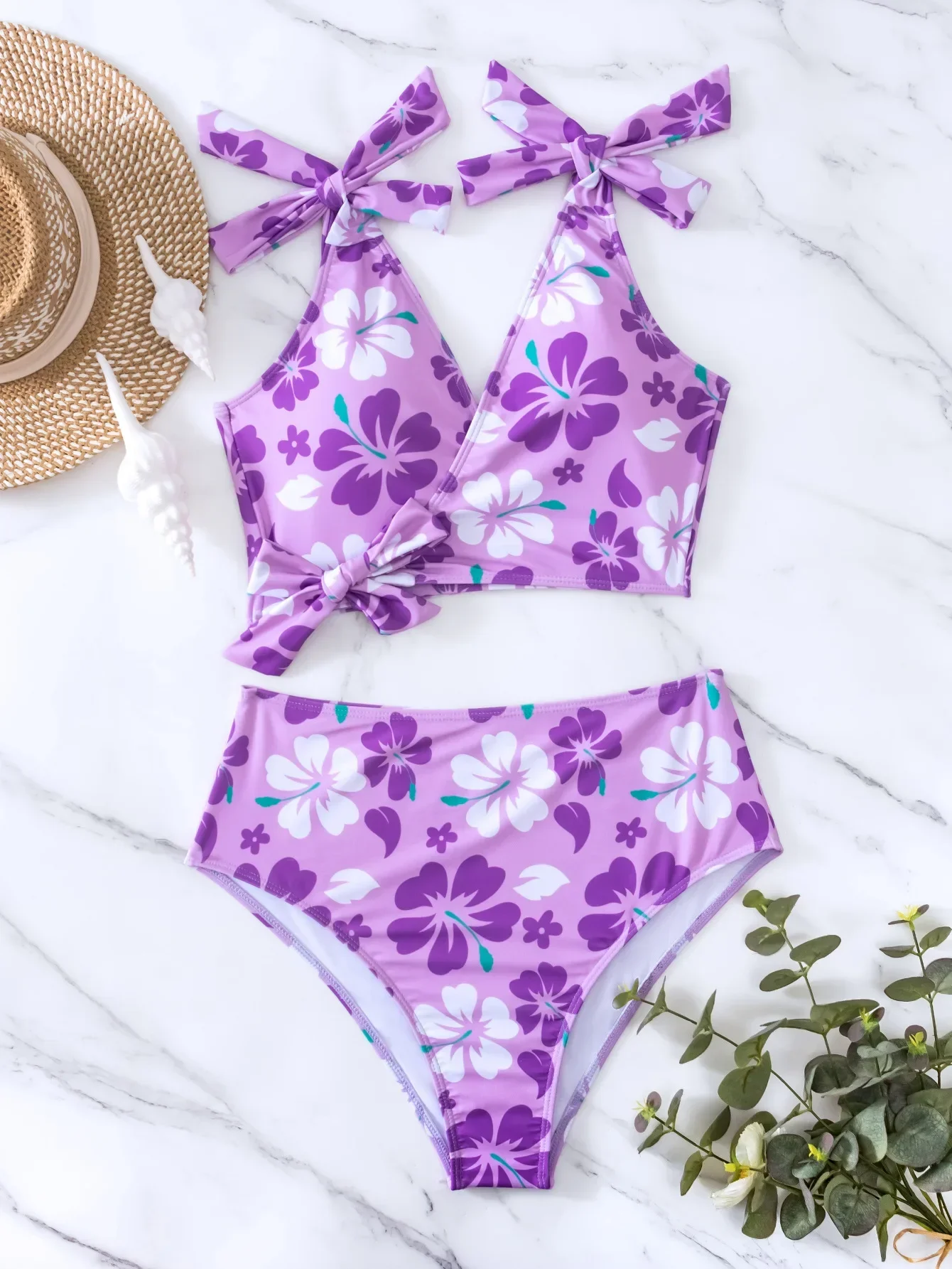 Flower Print Swimsuit for Women 2025 Orange High Waist Two Piece Bikini Set V-neck Suspender Backless Beach Bathing Suit New