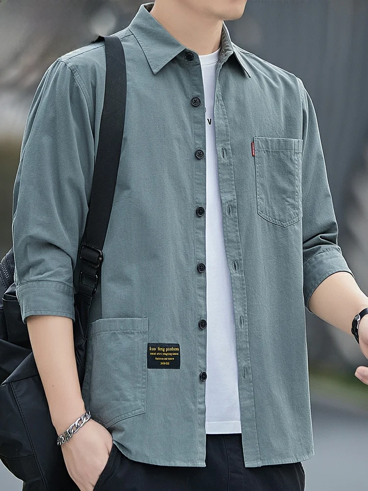 

Мужская повседневная рубашка из чистого хлопка с длинным рукавом, рабочая одежда, молодежный городской стиль, рукав три четверти, весна-осень