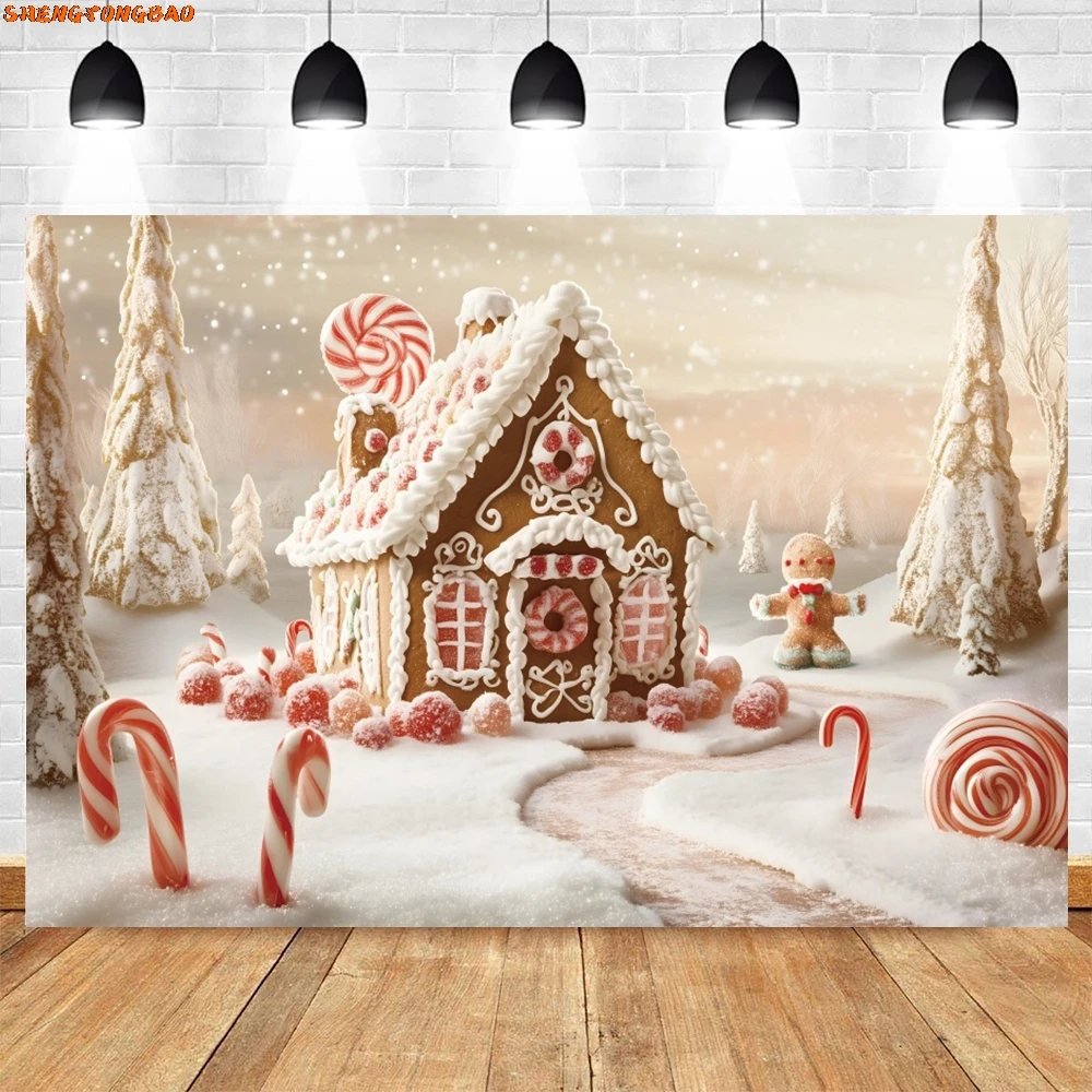 الأبيض الثلوج الصنوبر الغابات الزنجبيل منزل خلفية قصب الحلوى مصاصة كوكي رجل الاطفال صورة التصوير خلفية ديكور الدعامة