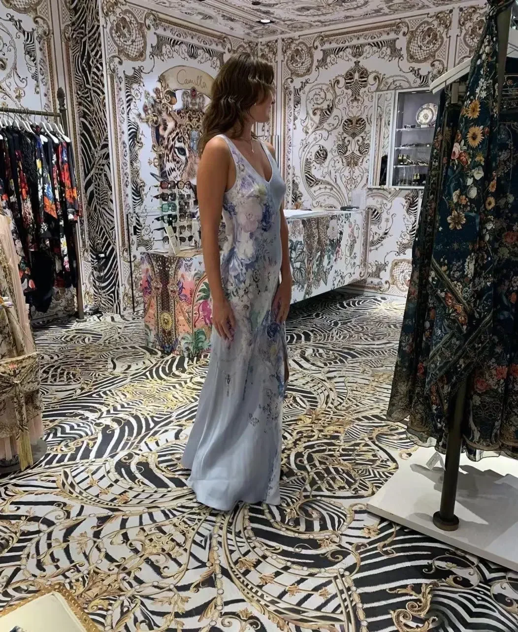 Robe for Women 2024 New Spring 100% Silk Flower Printed Beaded V-Neck Slim Waist Casual Sleeveless Maxi Dress