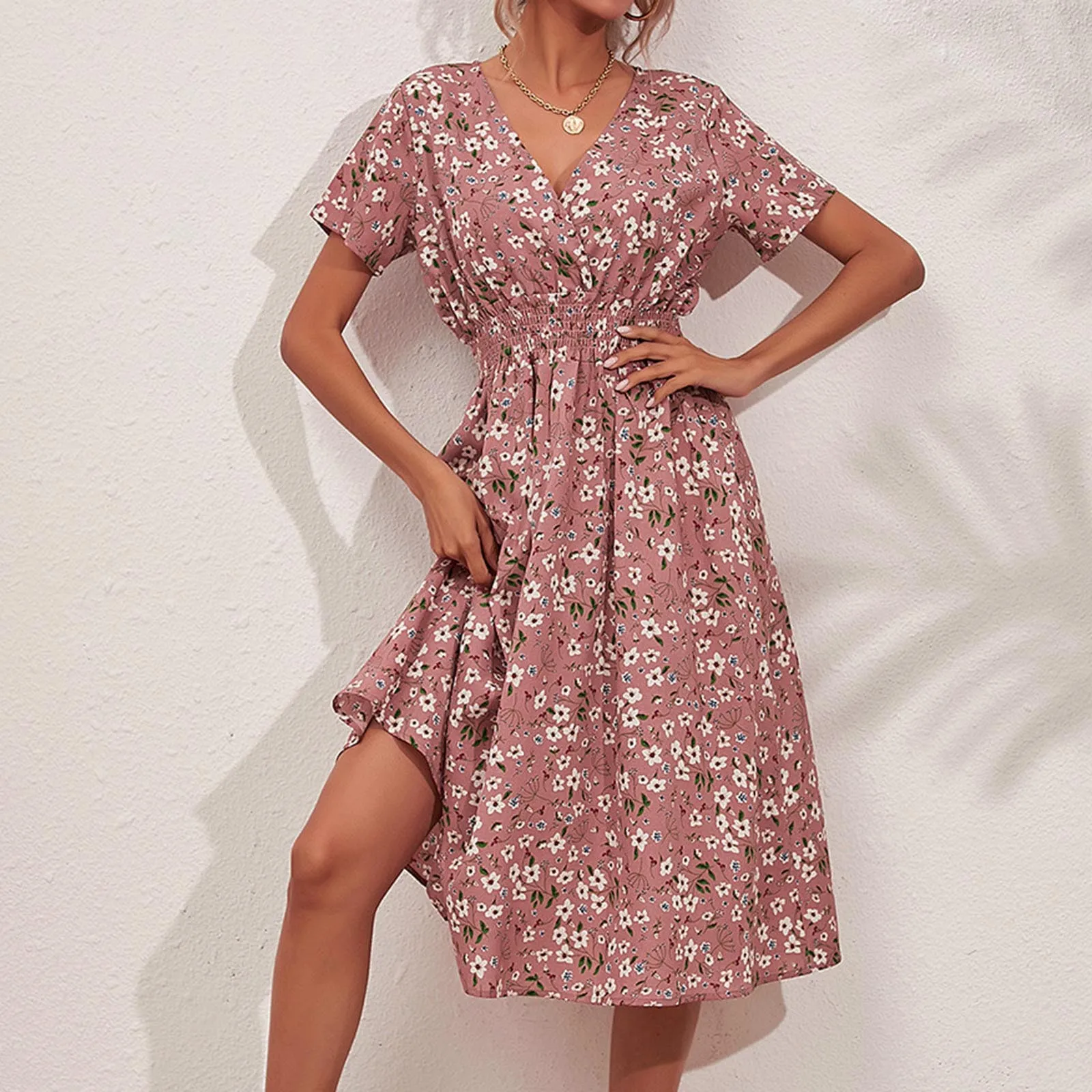 Chiffon Dress Summer Dress 2024 Retro Red Floral Print Female Casual V-neck Short-sleeved A-line Beach Long Robe Dress