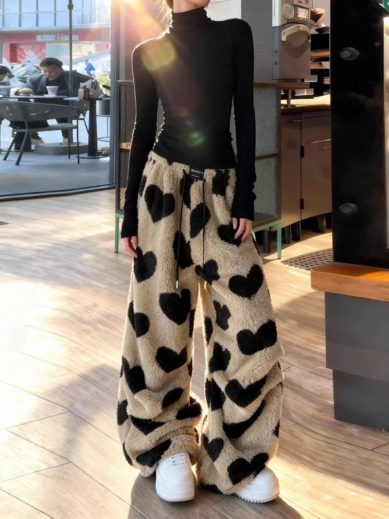 Women's Casual Pants Heart Print Double Sided Fleece Trousers Autumn Winter Warm Drawstring Straight Leg Loungewear