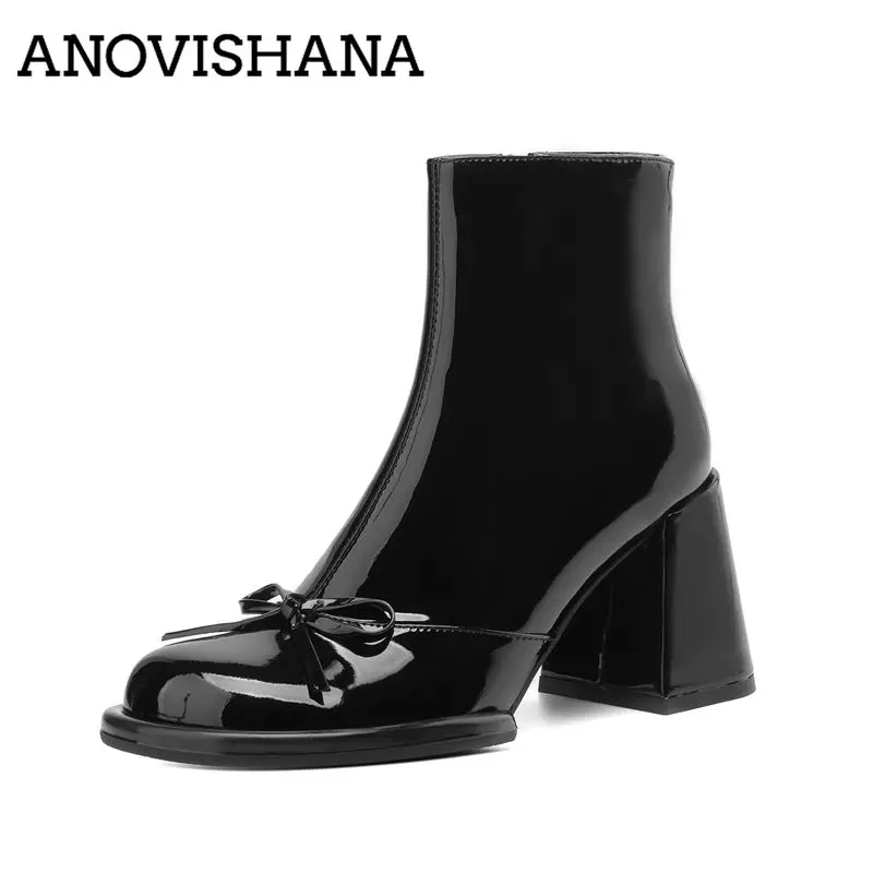 ANOVISHANA Genuine Leather Women Ankle Boots Round Toe 8cm Block Heel Zipper Bowknot Small Big Size 33 42 Sexy Short Botas Red