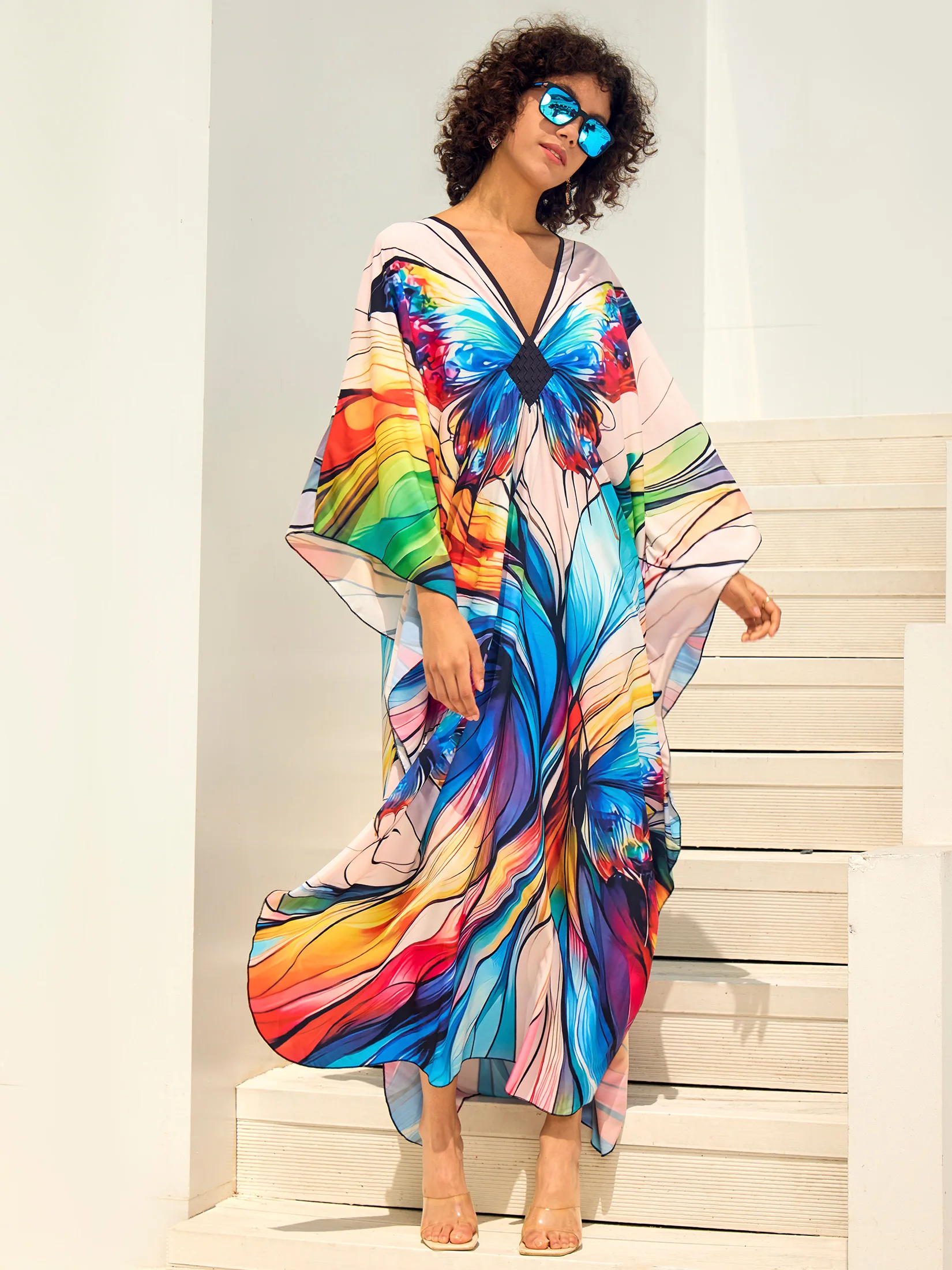 Bohemian Butterfly Chic Printed Plus Size Kaftan Dresses For Women Clothing Summer 2024 Sexy V-neck Long Sleeve Maxi Dress Q1670