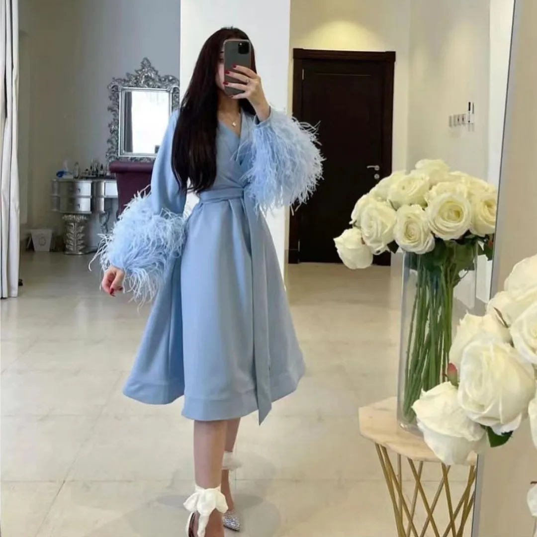 AsaNagi Summer Light Blue Feather V Neck Prom Dresses For Women 2023 Long Sleeve Vintage Fashion Party Midi Dress