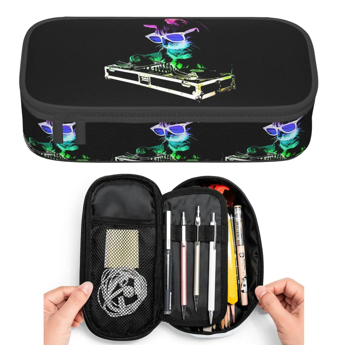 House Cat Rainbow Dj Kitty Pencil Cases for Student Pen Box Pencil Bag Large Storage Pencil Pouch Pen Holder