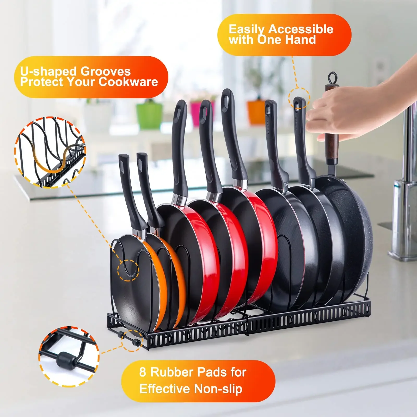 Dividers Expandable Pot Pan Organizer Rack Heavy Duty Cast Iron Adjustable DIY Under Cabinet Countertop Pot Pan Rack Storage Spa