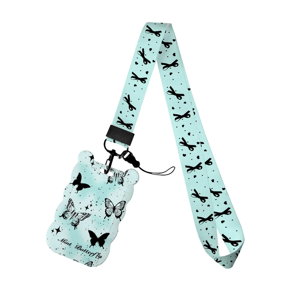 Cute Bow Design Kawaii ID Card Holder With Lanyard Neck Strap Badge Reel Pass Card Cover Clear Window Credential Case Polyester