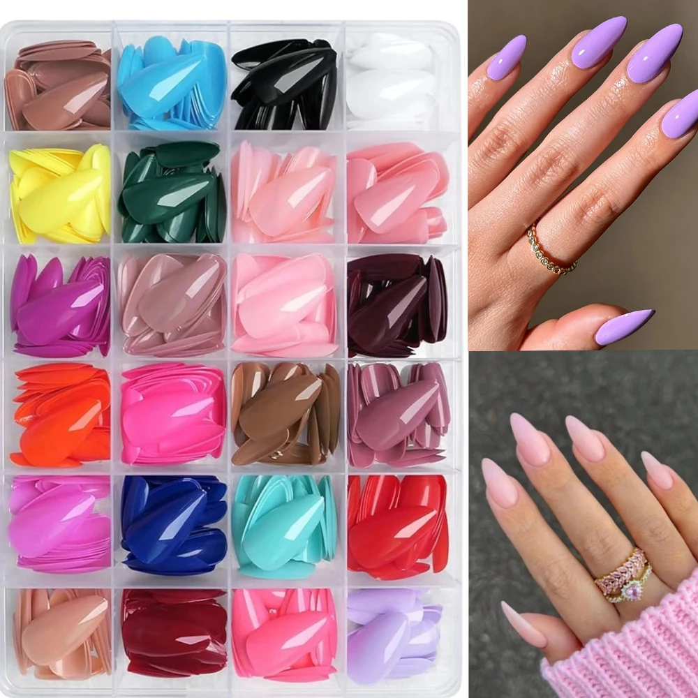 576 faux ongles en forme d'amande moyenne, 24 couleurs unies brillantes en acrylique, pour la décoration des ongles.