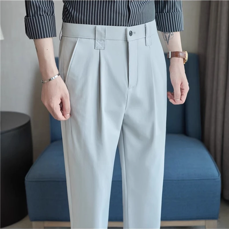 

2025 Summer [30% Sorona] Light Stretch Semi-elastic Waist Coffee Suit Pants for Men, Gray Breathable Drape Men's Casual Trousers