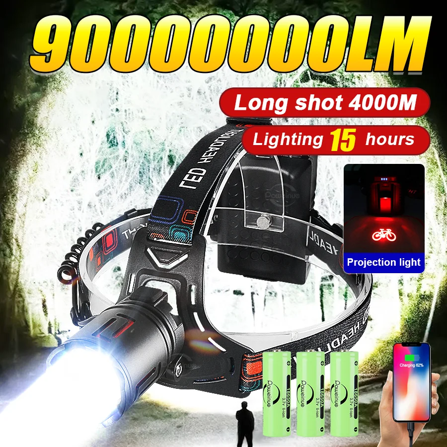 

NEW 90000000LM Powerful LED Headlight Ultra Bright Headlamp Rechargeable Head Torch Outdoor Camping Head Lantern Work Headlight