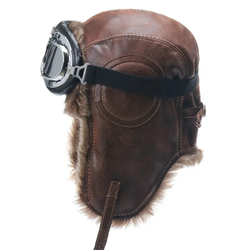 Men Winter Bomber Hat With Goggles Outdoor Motorcycle Windproof Warm Faux Fur Pilot Earflap Hat Leather Thermal Ushanka