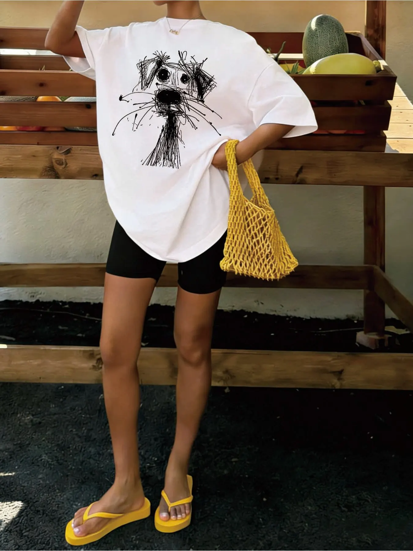 Two-Piece Set Including Hand-Drawn Graffiti Dog Print Oversized T-Shirt and Cycling Shorts - view 3