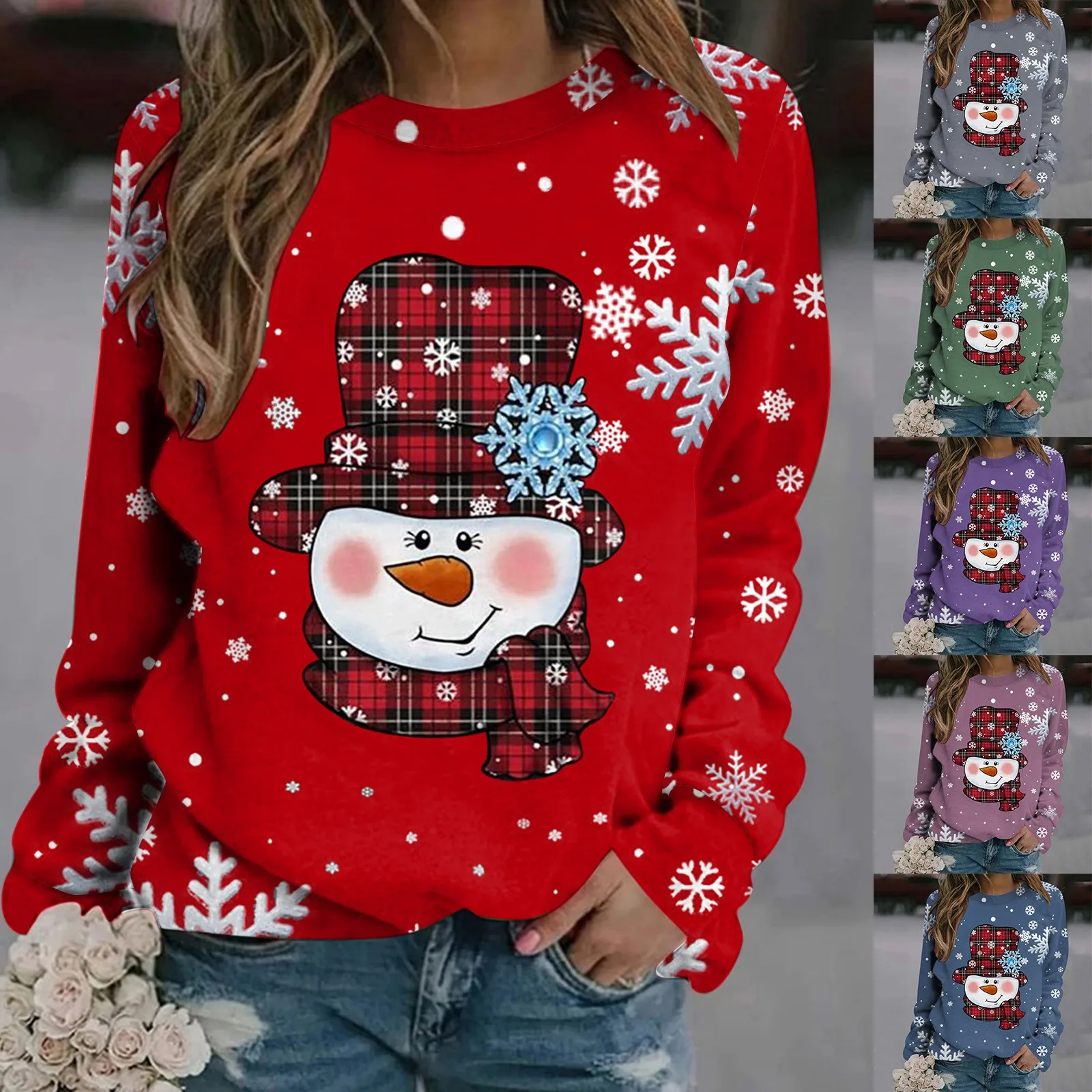 Long Sleeve Crewneck Sweatshirt  Women Snowman Print Red Shirt Sweaters For Women Christmas Teen Girls Cute Hoodie Blouse Blusas