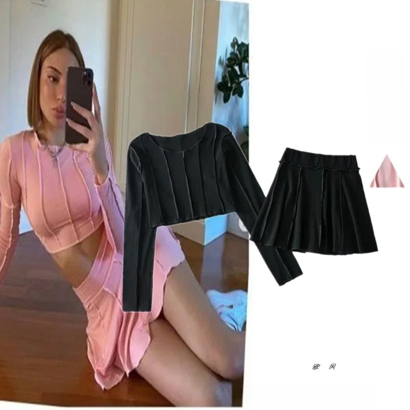 

Американский уникальный дизайн Long Sve round Ne Outfit Комплект анти-линейной юбки с узором живота и брюками Se Юбка-миди с высокой талией