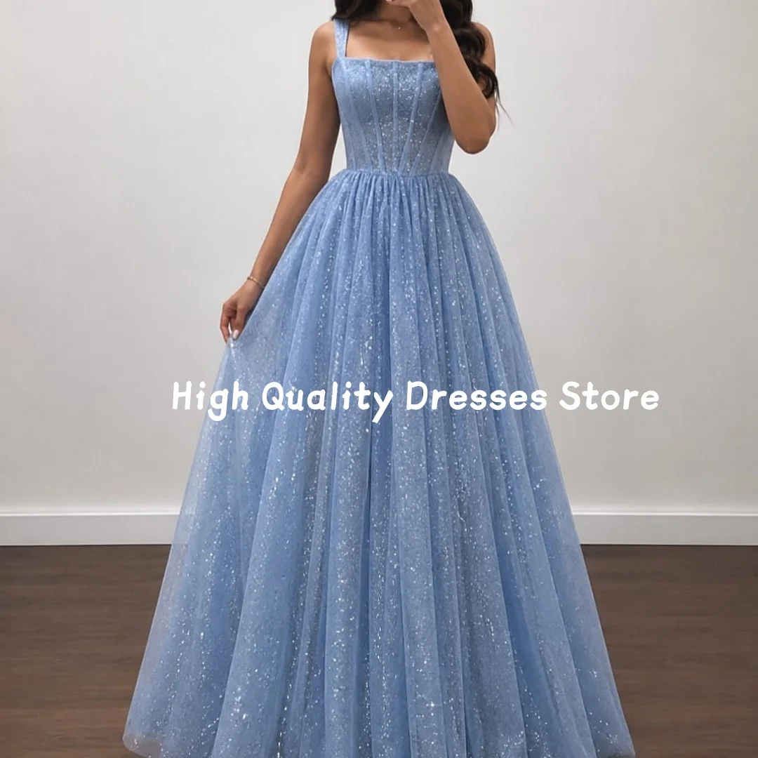 Prom Dresses Light Blue Glitter Tulle A‑Line Gown Square Neck Corset Lace‑Up Back Graduation Party Wedding Guest Customized ﻿