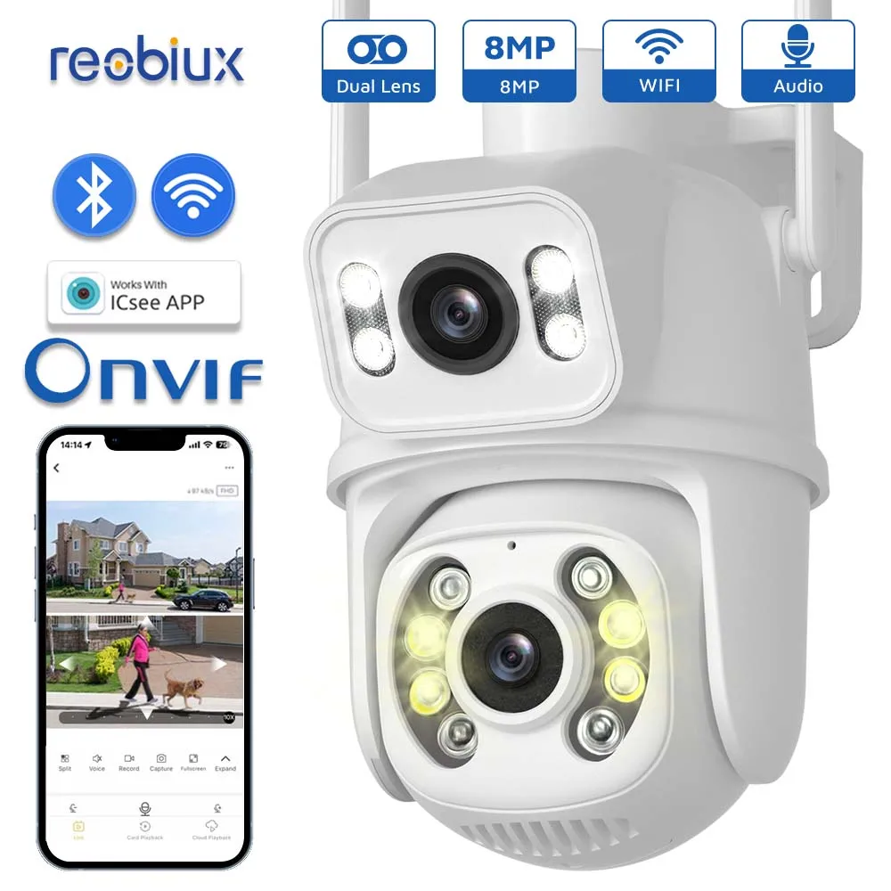 

Reobiux Wifi PTZ Camera Outdoor Surveillance 8MP Dual Lens IP Cam CCTV Security Protection Dual Screen Camera With ICsee App